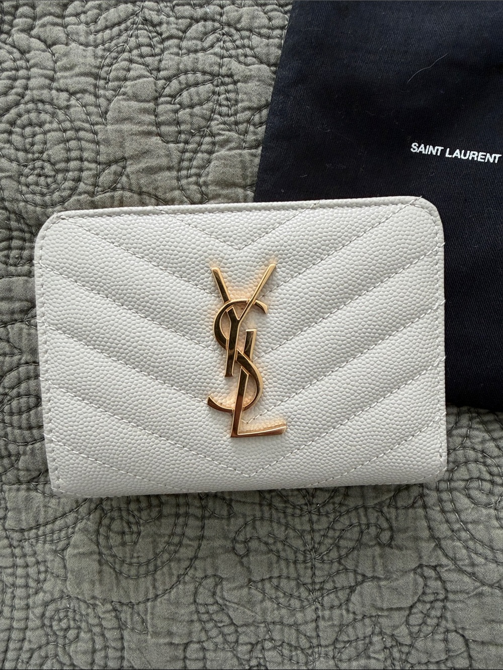 Saint Laurent Cream Quilted Leather Zip-Around Wallet with Gold YSL